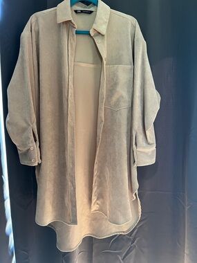 Zara Oversized Long Shirt Jacket in Light Beige